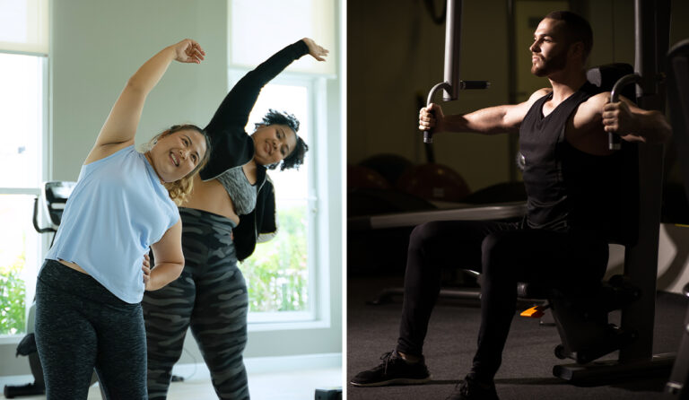 “Two women doing side stretches in a fitness class and a man using a chest press machine at the gym.”