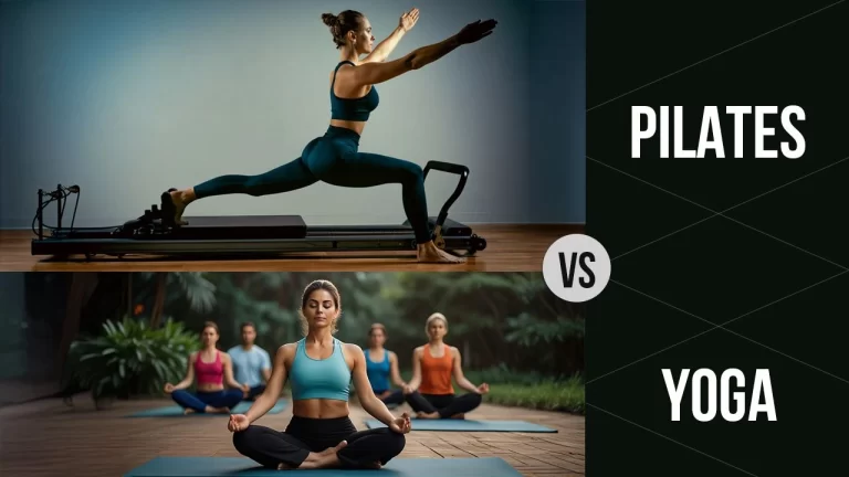 Pilate vs yoga -Woman stretching on a Pilates and another woman practicing seated yoga meditation.