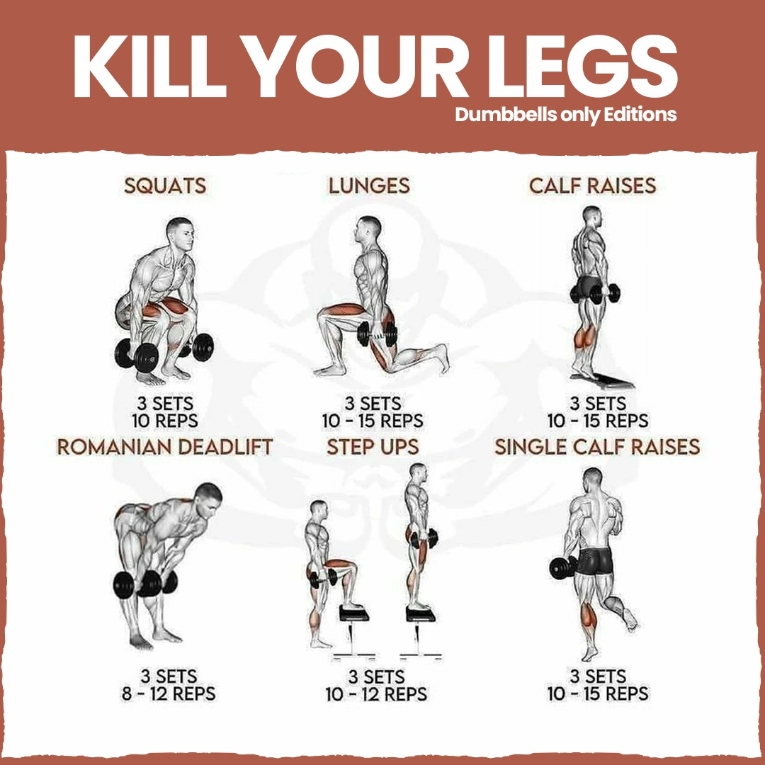 Dumbbell leg day gym workout plan featuring squats, lunges, calf raises, Romanian deadlifts, and step ups