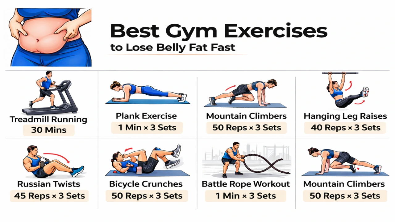 Best gym exercises to lose belly fat fast including treadmill running, plank exercise, mountain climbers, hanging leg raises, russian twists, bicycle crunches and battle rope workout