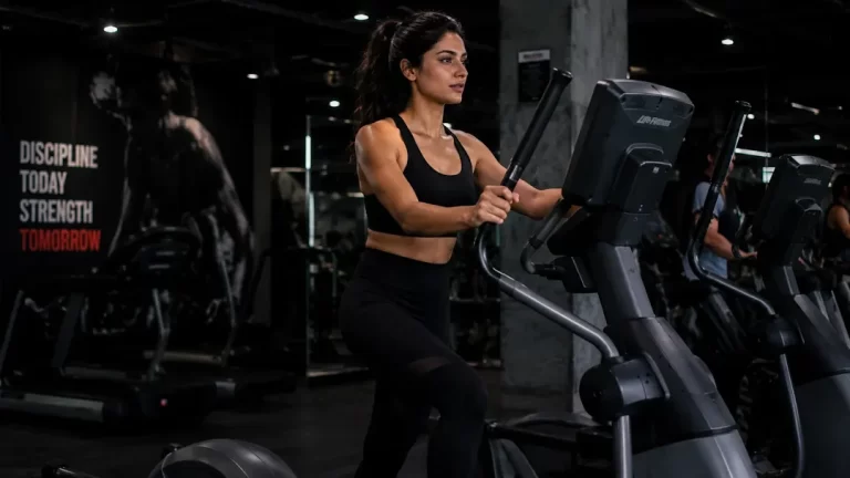 Woman performing cardio exercises in gym on an elliptical machine during an intense fitness workout session.