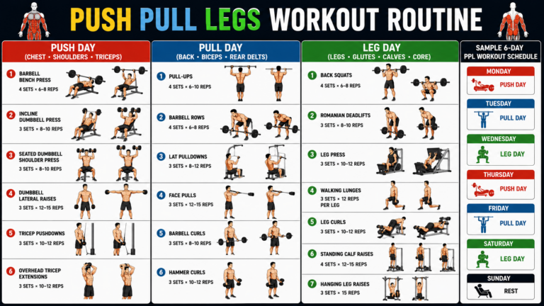 Push Pull Legs workout routine chart showing push day, pull day, and leg day exercises with sets, reps, and animated workout illustrations for beginners and muscle gain training.
